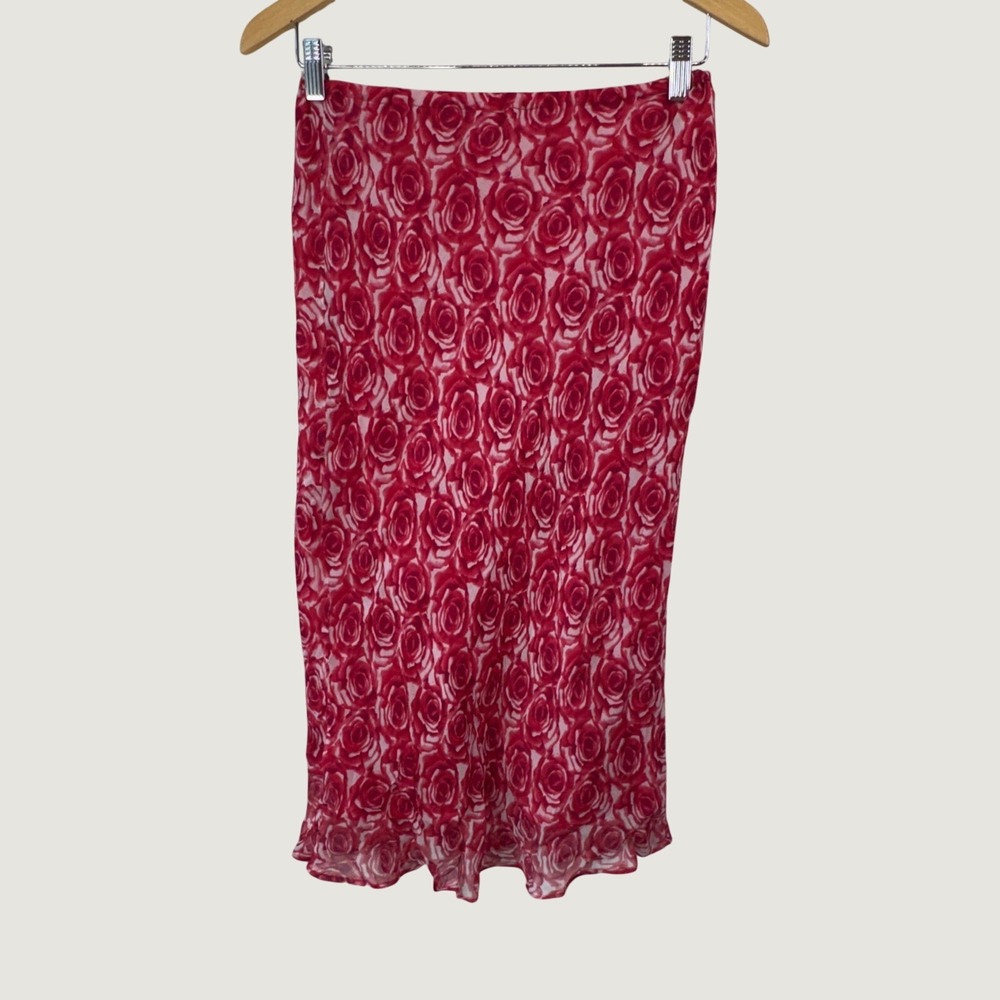 Sarah B Studio Silk Midi Skirt S Red Rose Floral Romantic Cottagecore Y2K Chic
